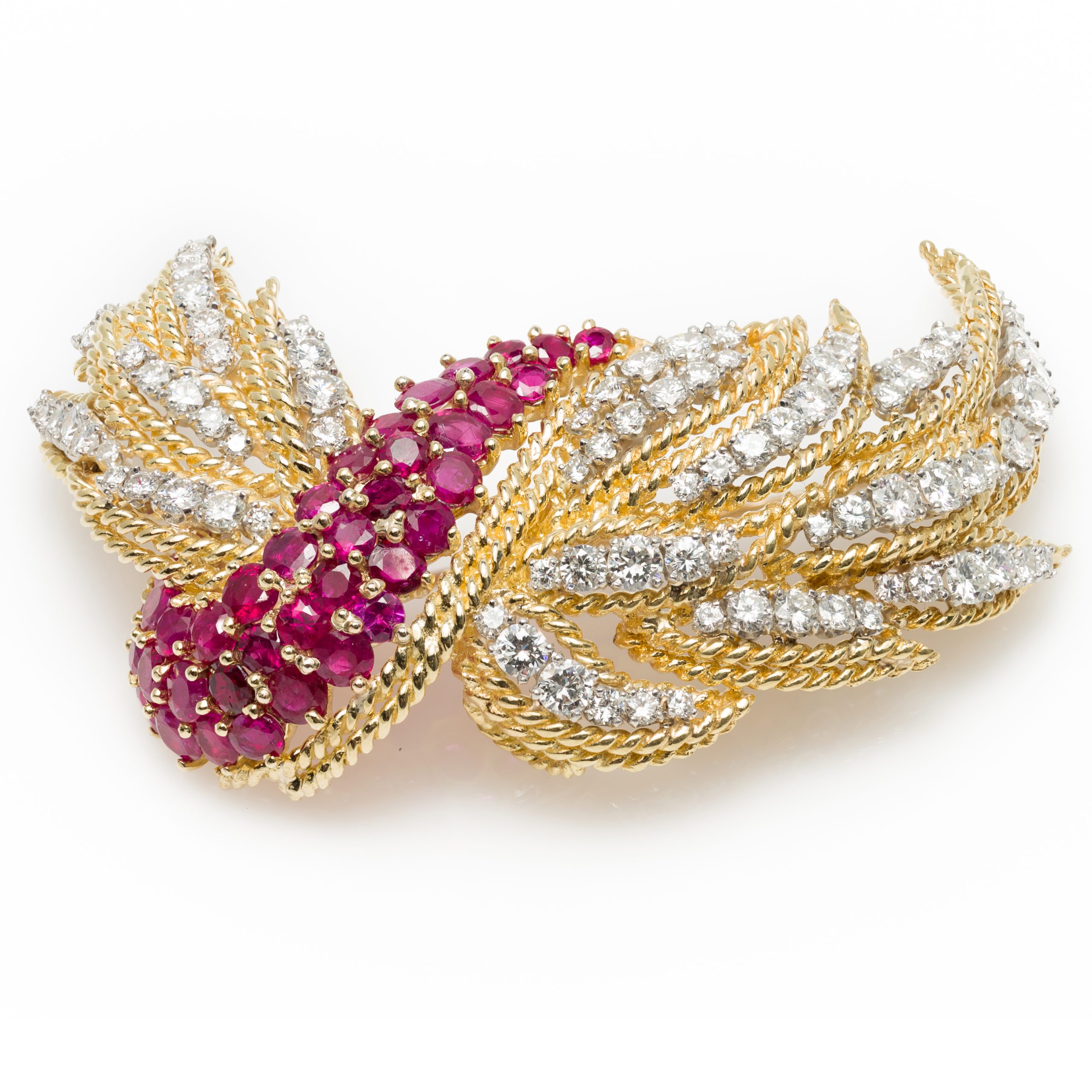 Ruby and diamond brooch photographed in precise detail